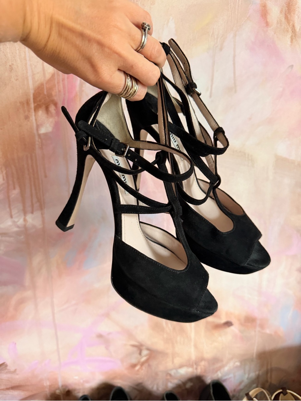 Miu Miu Black Suede Strappy High Heel Sandals
